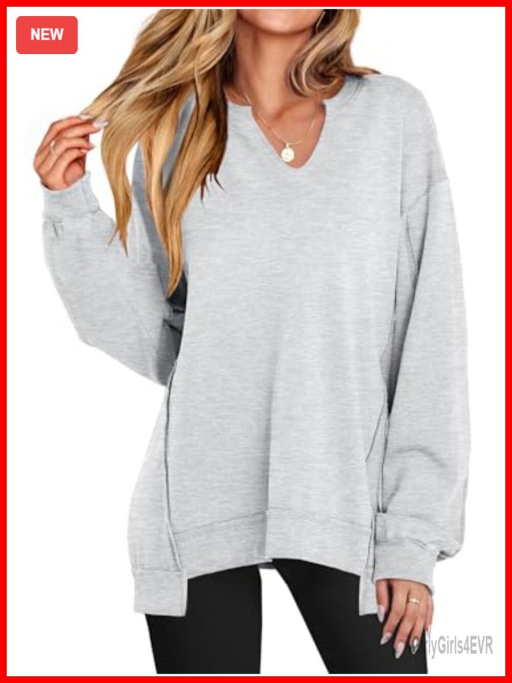 Oversized V-Neck Pullover Sweatshirt High Low Hem Casual